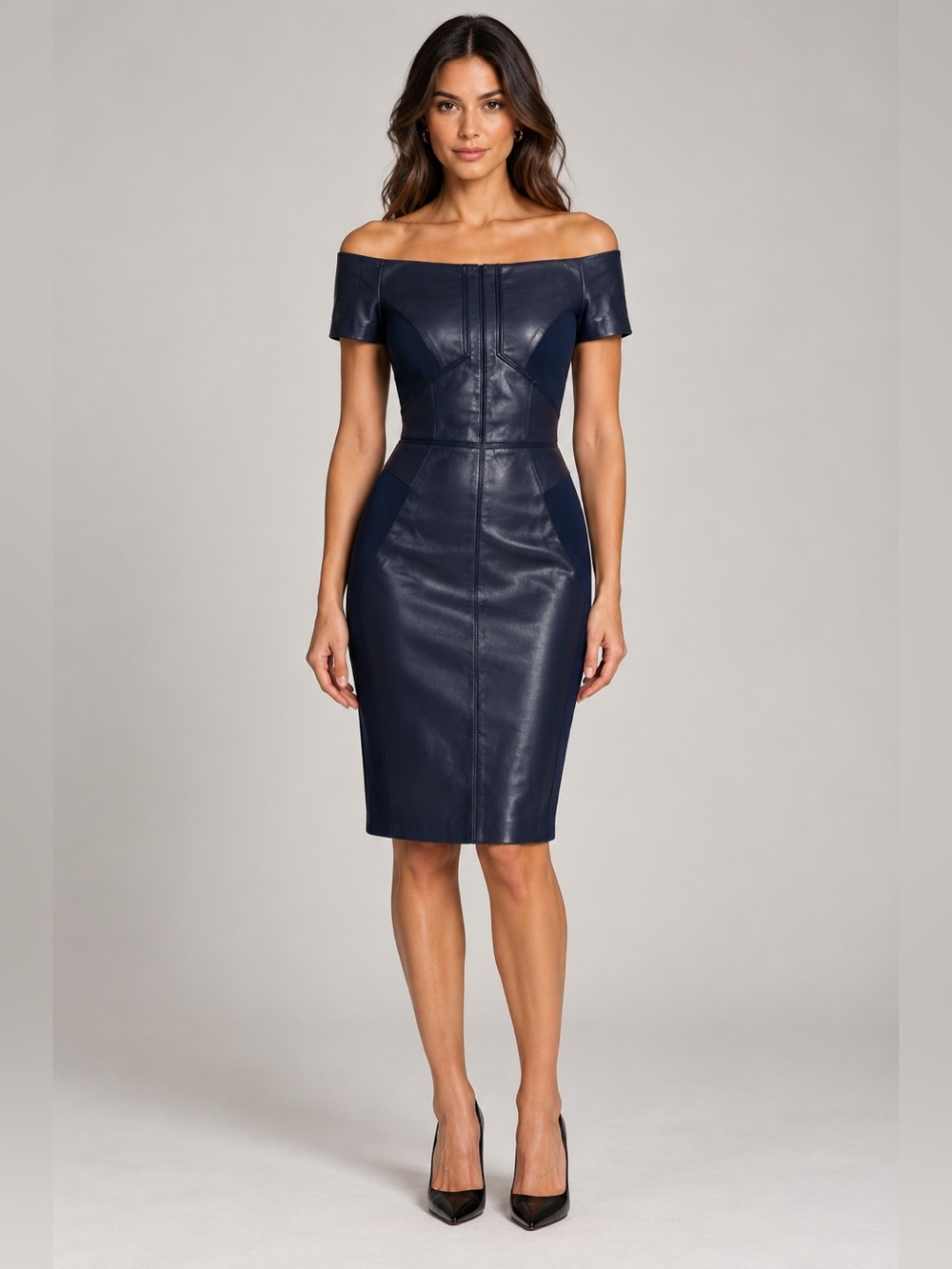 J. Mendel 🔥 Navy Off-Shoulder Lambskin Knee-Length Dress